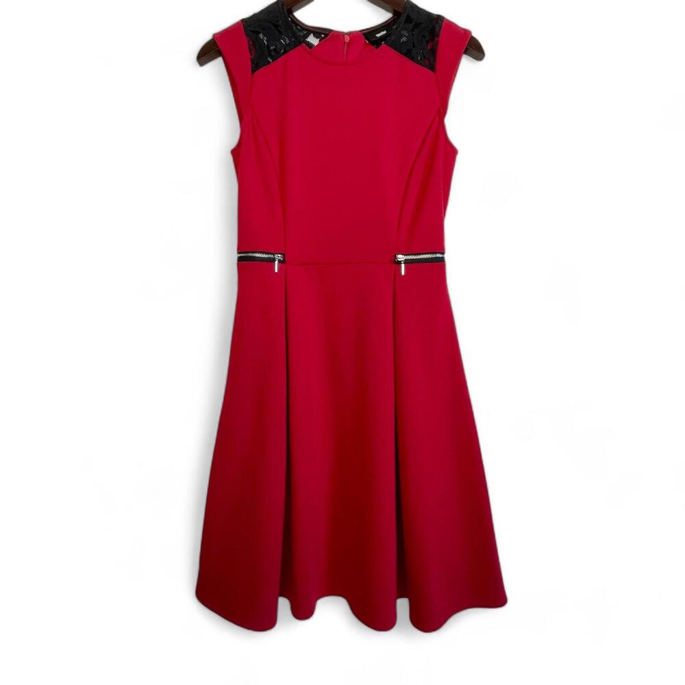 Massimo Red Lace Dress Petite Small Fit &‎ Flare Zip Faux Side Pockets